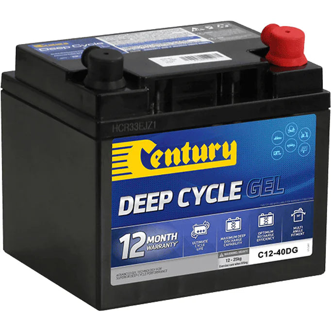 Century C12-40DG 12V 37Ah Gel Deep Cycle battery with red positive and black negative terminals