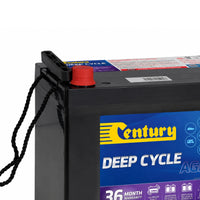 Corner view of 12V 70Ah deep cycle battery with red terminal cap and rope handle
