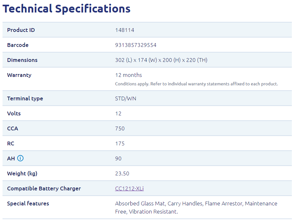 Technical specifications table showing dimensions, warranty, 750 CCA and 90Ah capacity