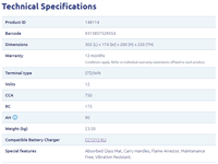 Technical specifications table showing dimensions, warranty, 750 CCA and 90Ah capacity