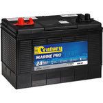 Angled view of Century Marine Pro 1000 battery with red terminals and carry handle