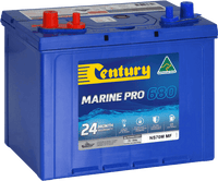 Blue Century Marine Pro 680 battery NS70M MF with red and blue terminals and Australian Made logo