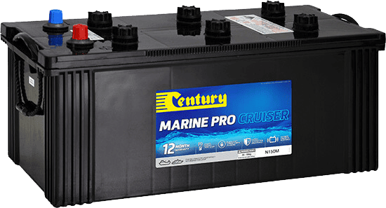 Angled view of Century Marine Pro Cruiser N150M battery showing terminals and caps