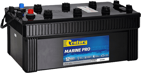 Century Marine Pro Cruiser 12V 200Ah battery with red and blue terminals and carry handles
