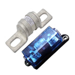 Exotronic 200A ceramic fuse next to a black fuse holder with a blue transparent cover and bolt terminals