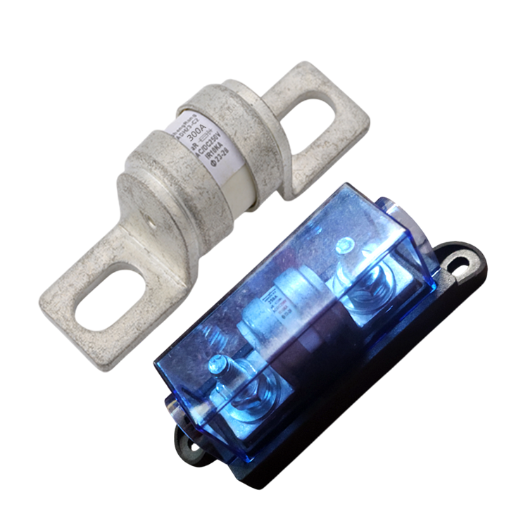 Exotronic 300A ceramic fuse next to a black fuse holder with a blue transparent cover and bolt terminals