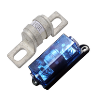 Exotronic 350A ceramic fuse next to a black fuse holder with a blue transparent cover and bolt terminals