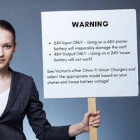 Warning notice for Victron Orion-Tr charger stating 24V input and 48V output specific requirements