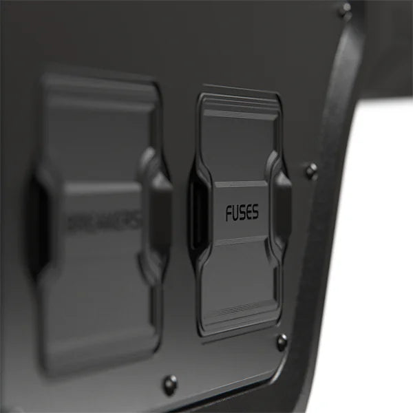 Close-up of protective black covers labelled Breakers and Fuses on the canopy power system