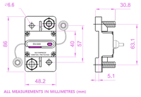 Technical line drawing showing height, width, and mounting hole spacing in millimetres