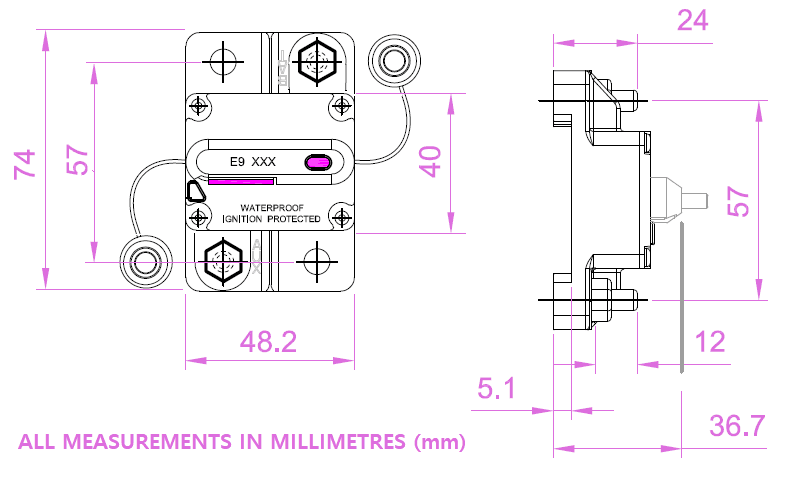 Dimensional drawing of Exotronic circuit breaker with 74mm by 48mm footprint