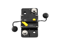 Top-down technical view of circuit breaker with caps removed revealing 3/8 inch connection studs and mounting holes