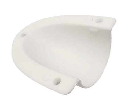 Underside view of white plastic clamshell cable cover showing internal cavity