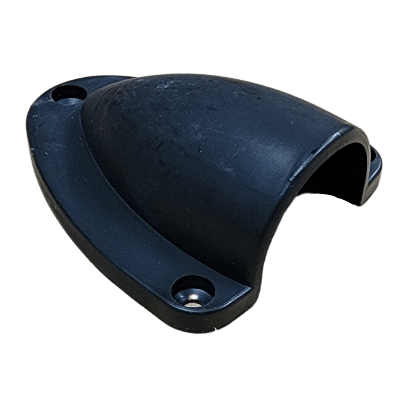 Angled side view of black cable entry cover showing the rear opening for cables