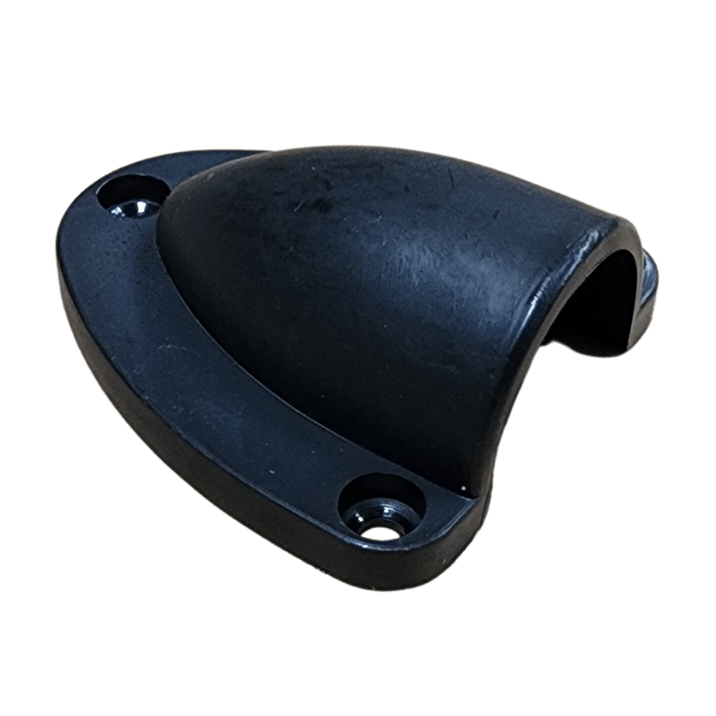 Angled view of black cable entry cover showing raised profile and rear opening for wiring