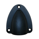 Top-down view of black plastic clamshell cable entry cover showing three countersunk mounting holes