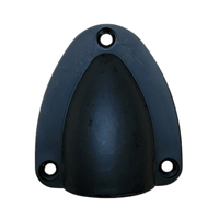 Top-down view of black plastic clamshell cable entry cover showing three countersunk mounting holes