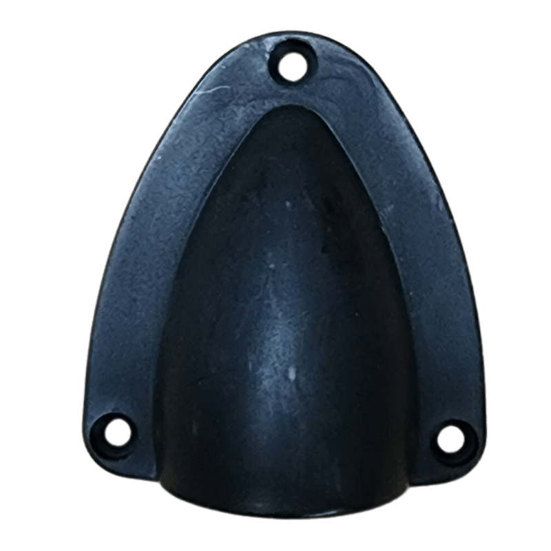 Top-down view of black clamshell cable entry cover featuring three countersunk mounting holes