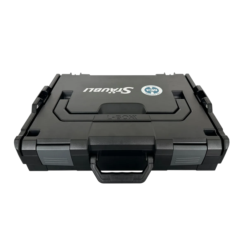 Angled view of closed black Stäubli tool case with grey latches