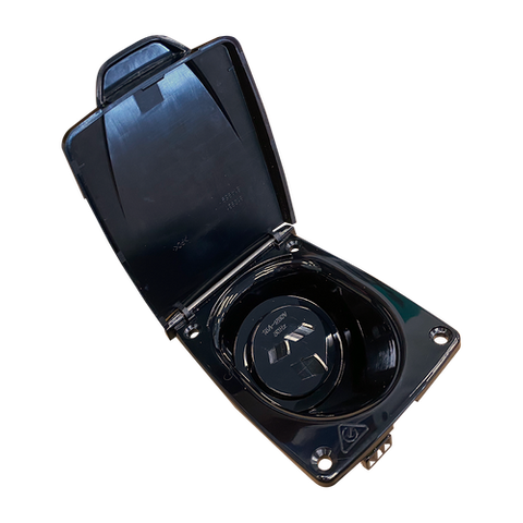 Black 15A AC power inlet socket with open spring-loaded protective cover