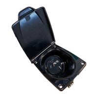 Black 15A AC power inlet socket with open spring-loaded protective cover