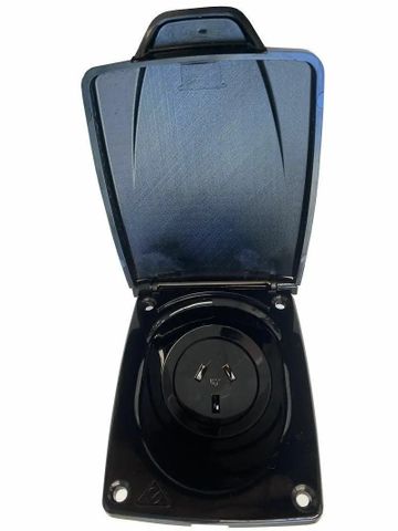 Black 10A AC power socket with protective hinged lid open to reveal an Australian 3-pin outlet