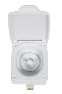 Front view of a white 15A AC power inlet socket with its protective weather lid open