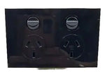 Front view of a black 2 gang general power outlet with two rocker switches and 3-pin sockets