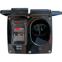 Black external 15A power inlet with open weatherproof covers showing 16A RCD and 3-pin male connector