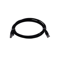 Black Cat6 network patch cable coiled in an oval shape and secured with white twist ties