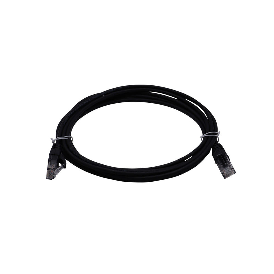 Black Cat6 network patch cable coiled in an oval shape and secured with white twist ties