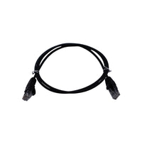 Coiled black Cat6 patch cable secured with white twist ties