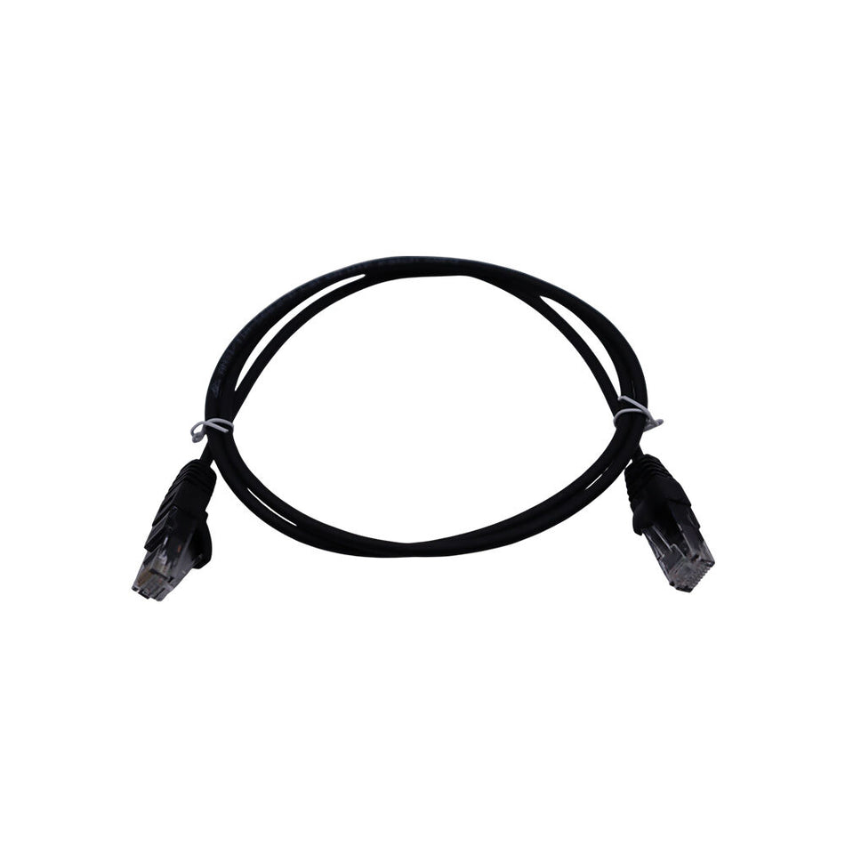 Coiled black Cat6 patch cable secured with white twist ties