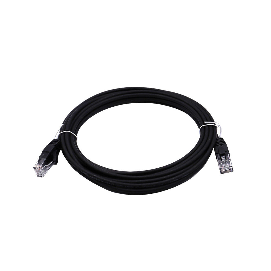 Coiled black ethernet patch lead held by a white twist tie showing connectors facing outwards