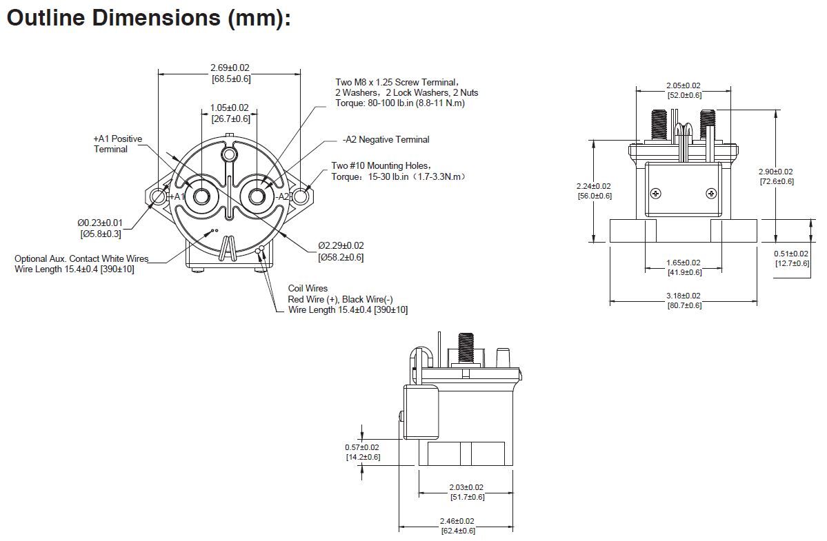 Technical dimensional drawing of the AEV250 contactor showing top, front, and side views with measurements