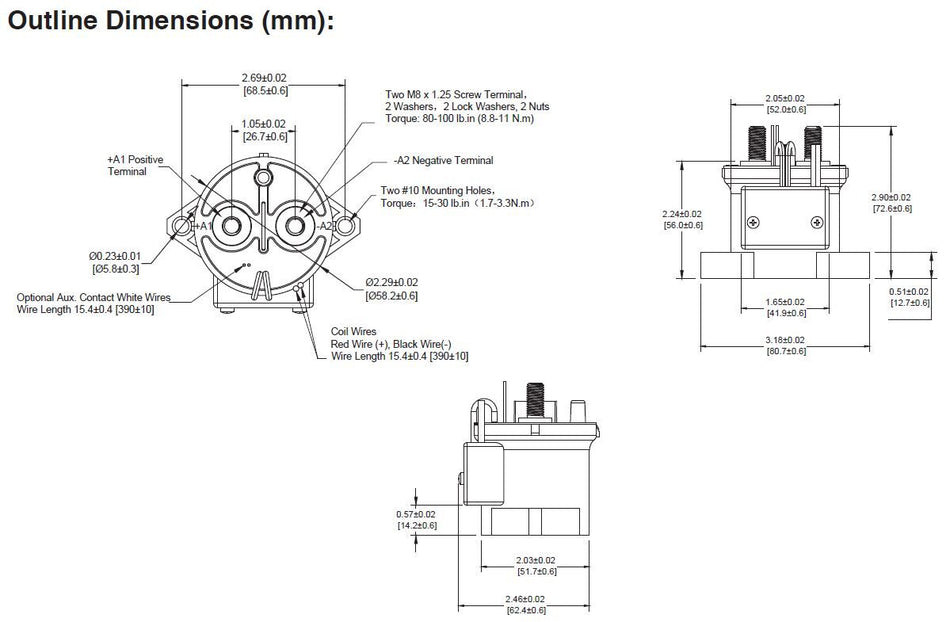 Technical dimensional drawing of the AEV250 contactor showing top, front, and side views with measurements