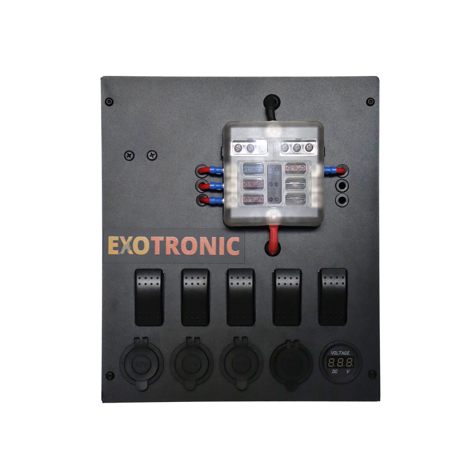 Front layout of 12V control hub showing fuses, rocker switches and power outlets