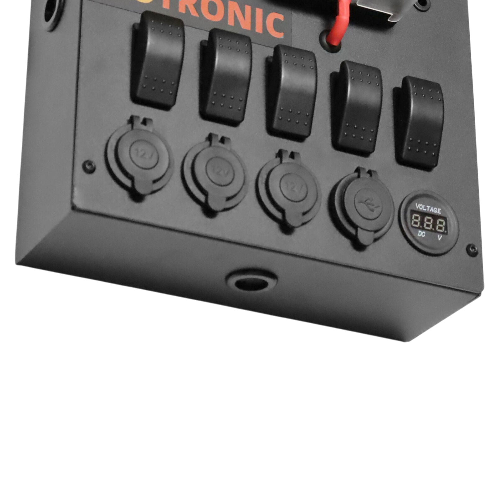 Angled view looking up at the bottom row of 12V sockets and voltmeter