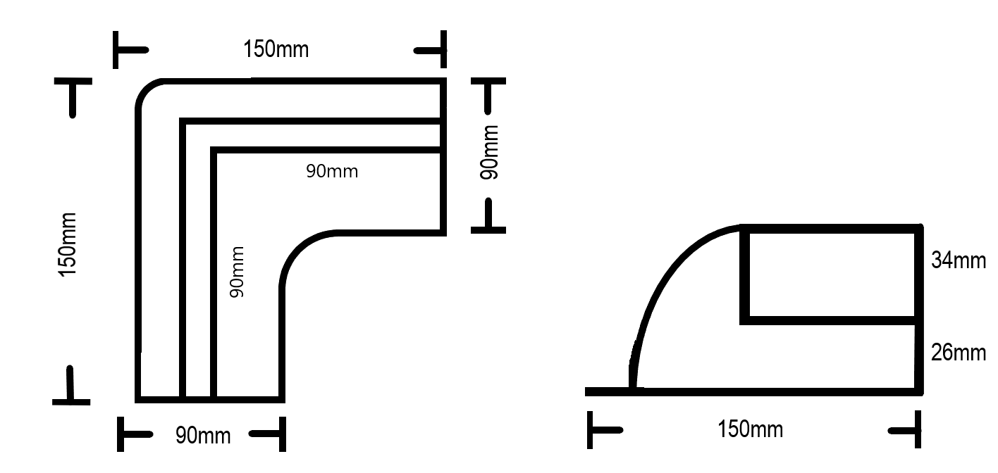 Technical line drawing of corner bracket detailing 90mm internal clearance and 150mm outer footprint