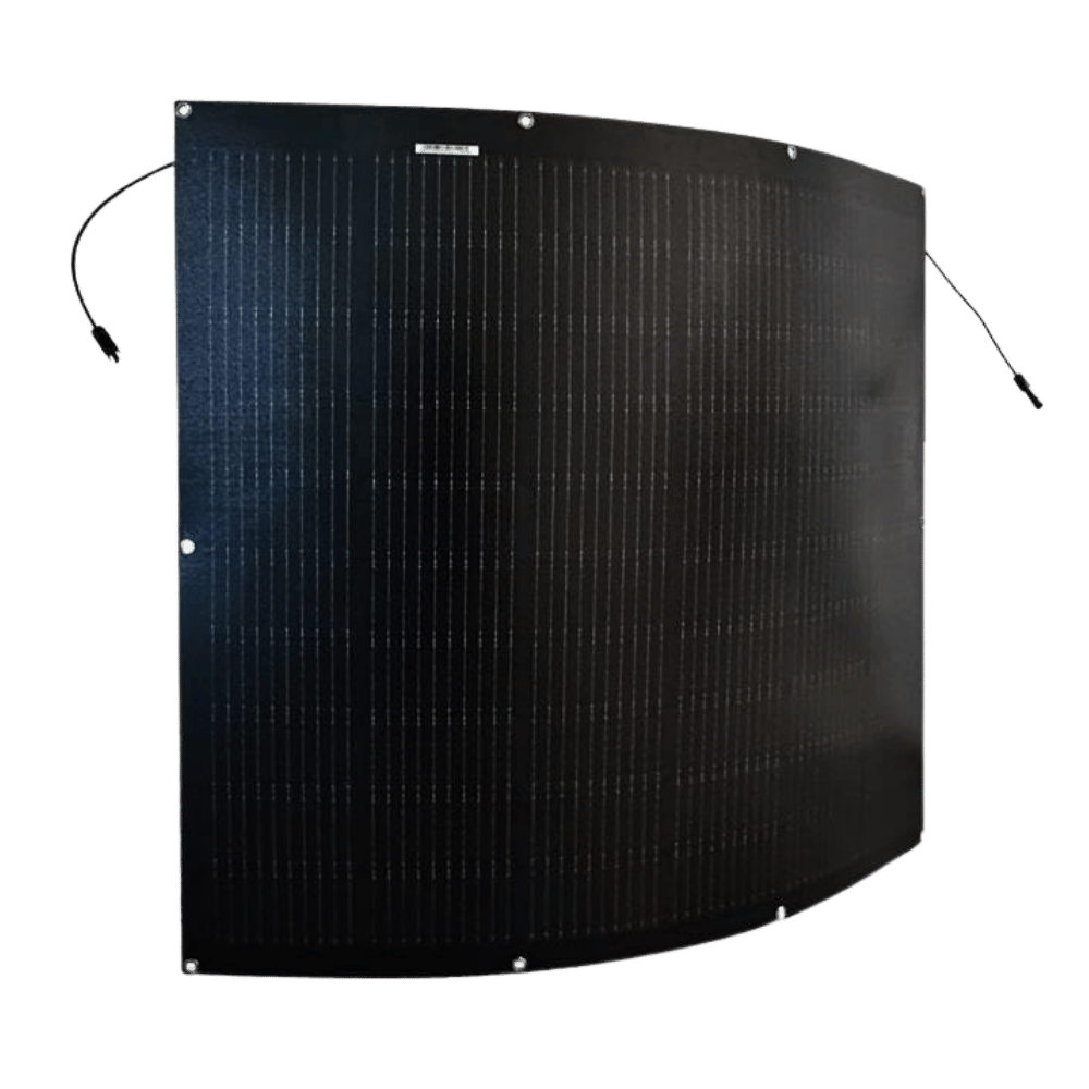 Curved Sunman 200W solar panel demonstrating flexibility with attached output cables