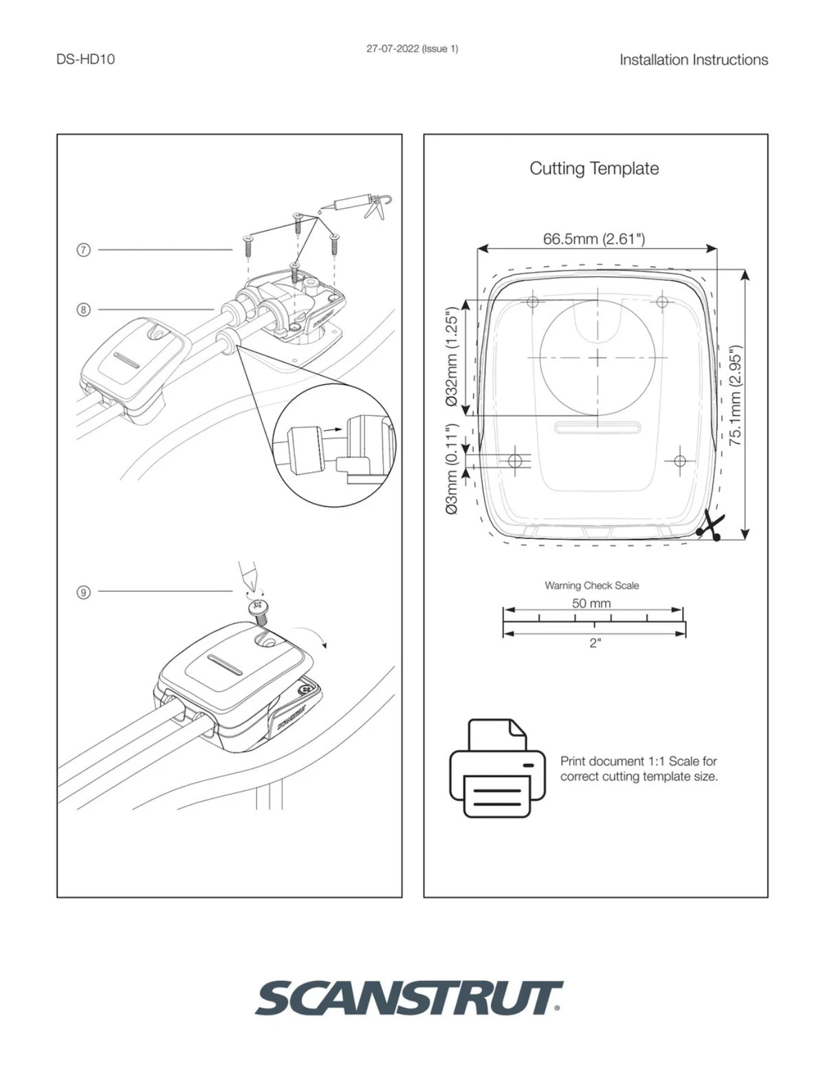 Installation guide showing final assembly and 1 to 1 scale cutting template with dimensions