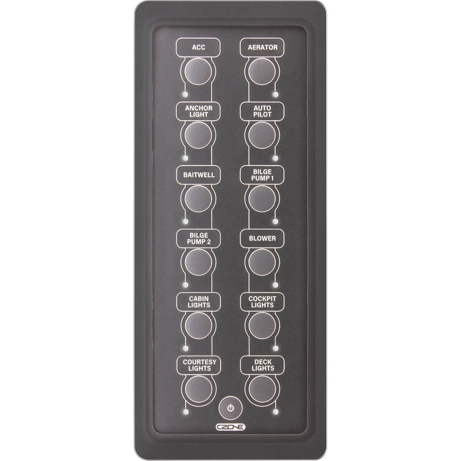 Portrait 12-way waterproof marine keypad with circuit labels and status indicator LEDs