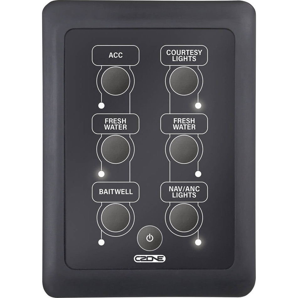 Black portrait 6-button waterproof keypad switch panel with RGB status indicators and central power button