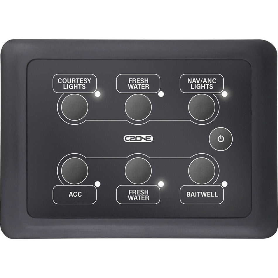 CZone 3x2 landscape waterproof marine keypad with status LEDs and customisable labels