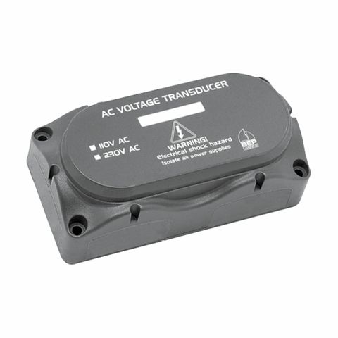 CZone AC voltage transducer with grey plastic casing, mounting holes, and 110V or 230V system labels