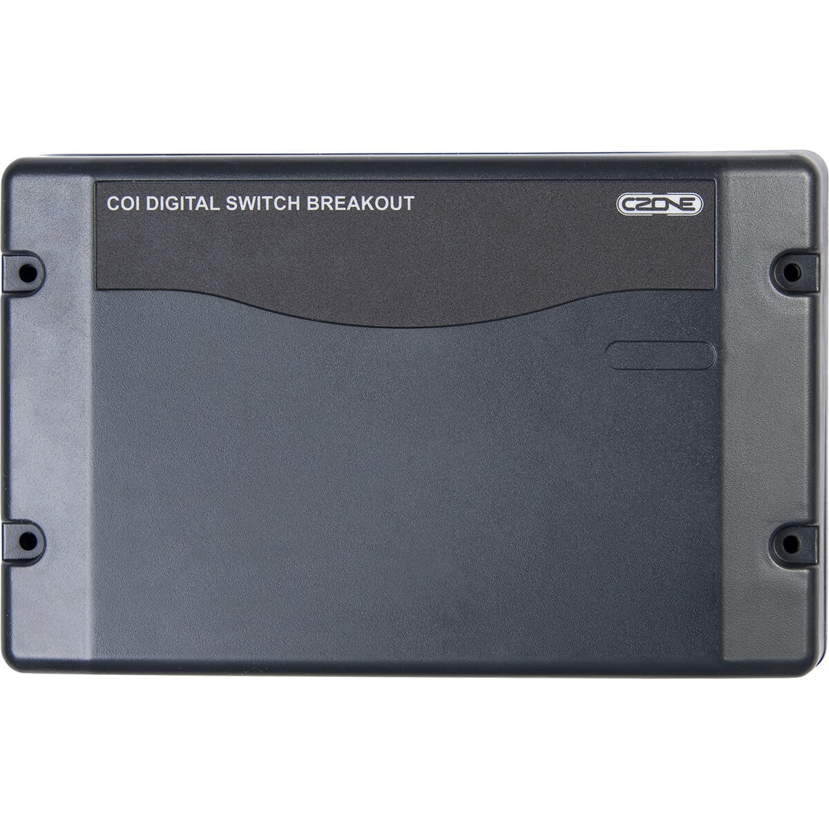 Front view of the black CZone COI digital switch breakout interface enclosure