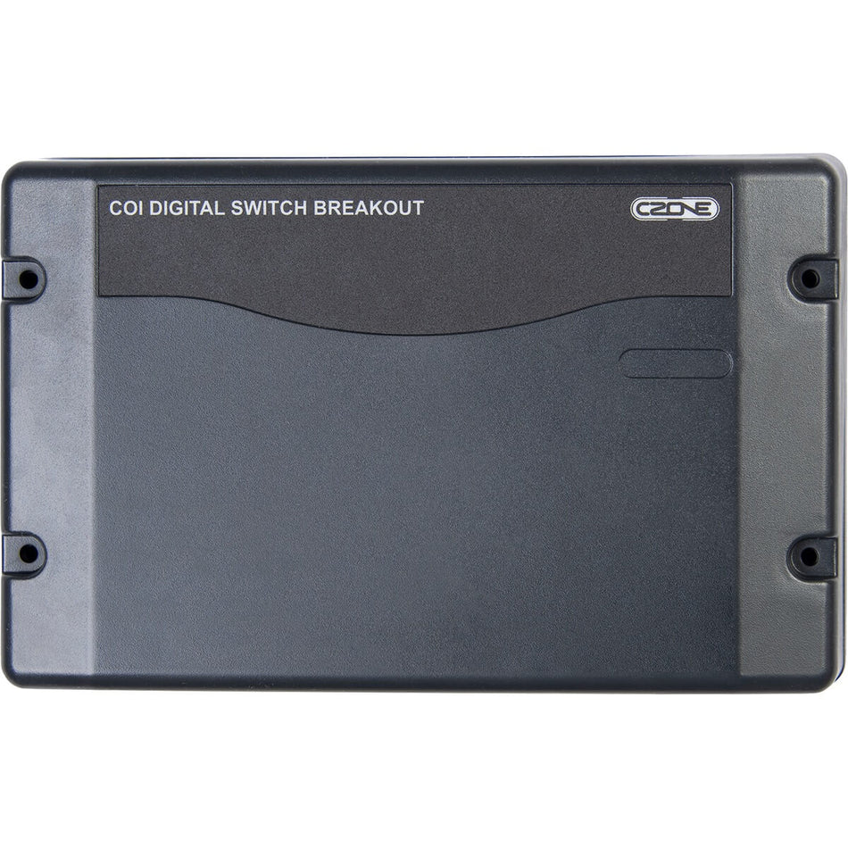 Front view of the black CZone COI digital switch breakout interface enclosure