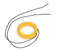 Yellow toroidal heavy-duty current transformer with two black wire leads