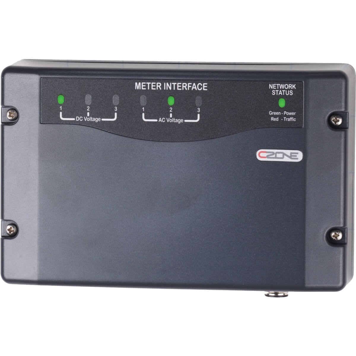 Front view of a CZone Meter Interface unit with LED status indicators for AC and DC voltage monitoring