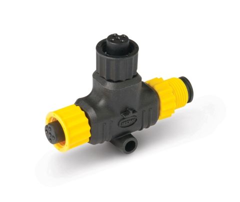Angled view of a black and yellow NMEA 2000 T-piece connector